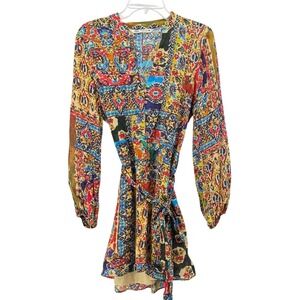 Zara Womens Tapestry Print Mini Dress Long Sleeve Large Boho Festival Stagecoach